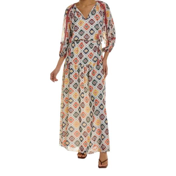 Sachin & Babi Dalton Maxi Dress Cream Multi Geo Checkers Tassels Boho Size 6 NWT - Picture 1 of 16